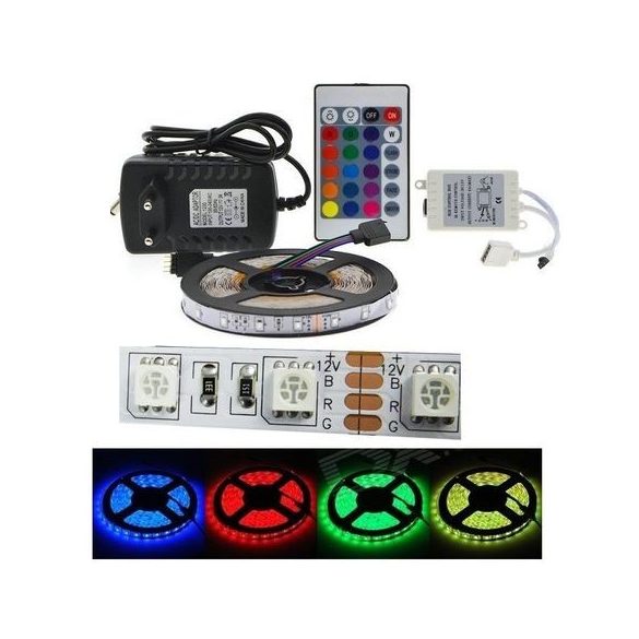  Színes 5m-es RGB 5050 kültéri LED szalag szett távirányítóval, 3A tápegységgel 